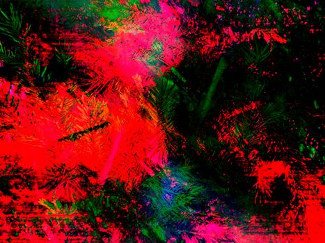 Coniferous spruce twigs festively shimmer in green, red, purple, orange and blue. Surreal wall painting in a modern style. Art background for your wallpapers, projects and artworks for the new 2021 year of the white bull.