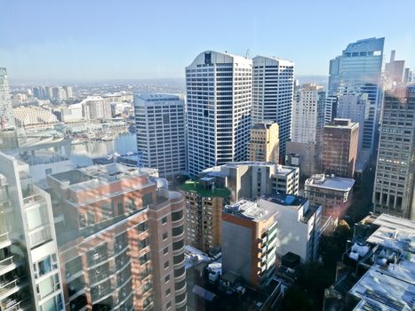 Early morning scene of Sydney skycrapers cityscape aerial view in Autumn