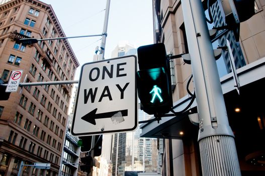 One way traffic sign direction in the city center in Sydney Australia