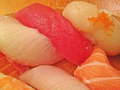 Assorted variety of fresh raw fish sushi nigiri served in Tokyo