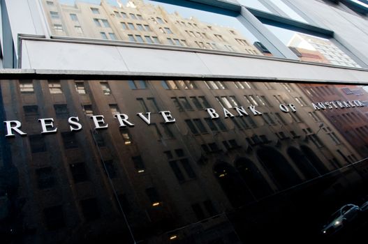 SYDNEY, AUSTRALIA - MAY 5, 2018: Reserve Bank of Australia building name on black stone wall in the center of Sydney NSW Australia.