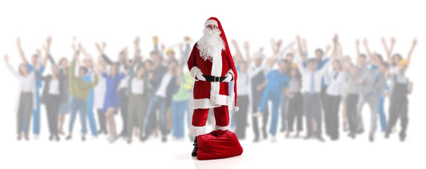 Santa Claus and many happy people isolated on white background Christmas shopping celebration sale concept