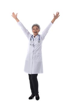 Asian mature female medical doctor with stethoscope with raised arms isolated on white background