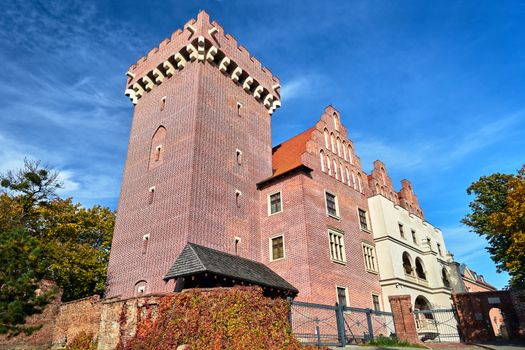 red brick tower reconstructed royal castle   in Poznan