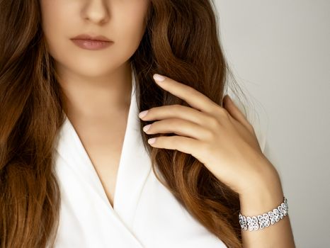 Brunette model wearing chic diamonds bracelet, elegant jewelry and classy accessories, luxury fashion and beauty brands