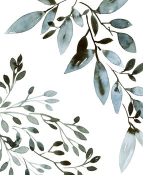 Watercolor and ink illustration of tree leaves in style sumi-e, u-sin. Oriental traditional painting. Background design for invitation, greeting card or cover.