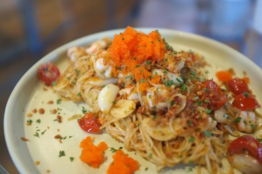 fusion food style , Cream sauce spaghetti egg shrimp