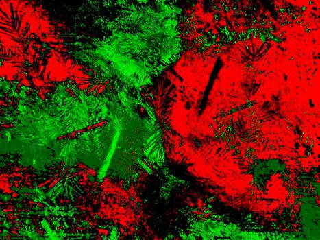 Coniferous spruce twigs are festively shimmering in green and red. Surreal wall painting in a modern style, 3D illustration. Art background for your wallpapers, projects and artworks for the new 2021 year of the white bull.