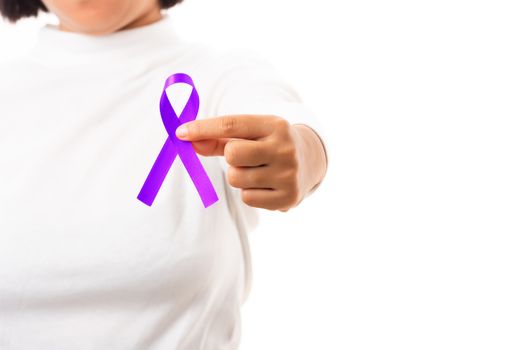 National Epilepsy or Alzheimer disease Day. Young woman holding purple ribbon on hand symbol of Pancreatic cancer, Epilepsy awareness and world Lupus Day and world cancer isolated white background