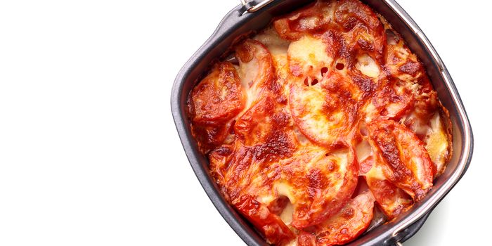 homemade baked tomatoes with cheese on white background, healthy gourmet food recipe, good work from home lunch idea, table top view