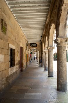 Santiago de Compostela, Spain, May 2018: View on the arcade streets of the old town of Santiago de Compostela in Spain