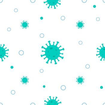 Corona virus seamless pattern. Blue green viruses of the bacteria coronavirus disease Covid-19 pandemic dangerous infectious vector texture isolated on white background. Flu and lung disease spreading