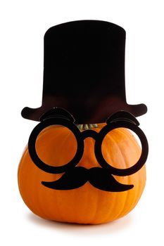 Jack O Lantern Halloween pumpkin in cylinder hat Mustache and glasses isolated on white background