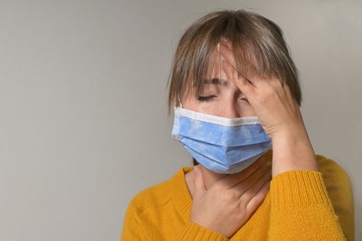 Woman Wearing Medical Protective Mask and Throat Pain