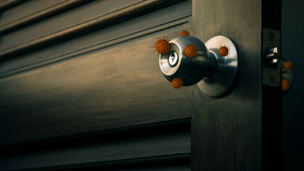 stainless door knob or handle on wooden door with virus or germ effect in beautiful lighting, concept of COVID-19 spread and prevention, shallow depth of field, dramatic tone effect