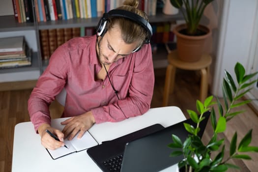 Handsome young caucasian man using computer working at home and talking with headphones feeling happy