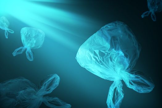 creative background of single-use transparent plastic bags in form of jellyfish floating in sea or ocean with sunlight effect, concept of environmental pollution