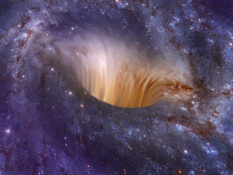 Black hole bending the event horizon and swallowing a spiral galaxy. 3d illustration. Some elements provided by NASA.