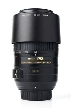 Nikon AF-S DX 55-300mm f4.5-5.6G ED VR, a telephoto superzoom lens for APS-C DSLR cameras. It is the Nikon's most affordable lens with a maximum 300mm focal length