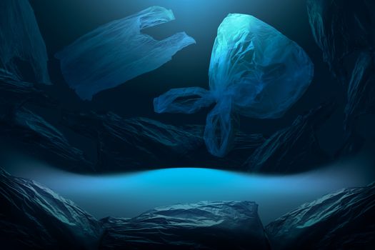 creative background of single-use plastic bags floating in deep blue sea or ocean, plastic is dangerous for marine life, concept of environmental pollution