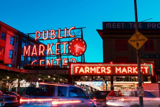 Public Market Center at twilight. It is an old continually operated public farmers' markets in the United States, long exposure technic for car light trails.
