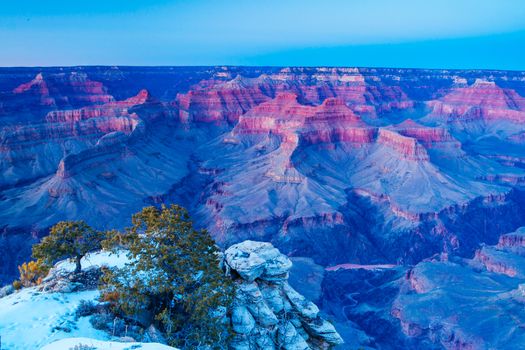 Sunset views in winter at the South Rim in Grand Canyon, Arizona, USA