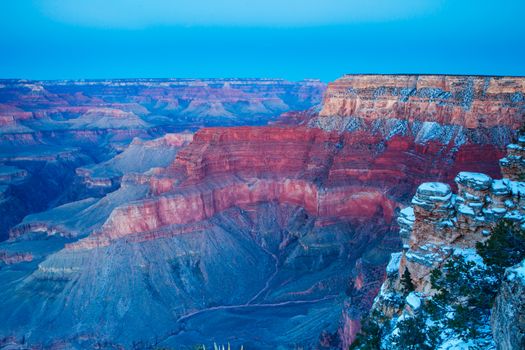 Sunset views in winter at the South Rim in Grand Canyon, Arizona, USA