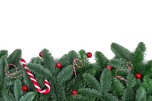 Christmas design boder frame greeting card of noble fir tree branches candy cane and berries isolated on white background