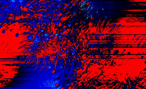 Coniferous spruce twigs festively shimmer in red and blue. Surreal wall painting in a modern style, 3D illustration. Art background for your wallpapers, projects and works for the Christmas holidays and the new 2021 year of the white bull.