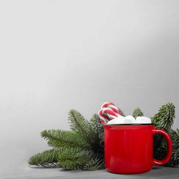 Cocoa in red mug with marshmallows and candy cane and natural fir tree franch on gray background with copy space