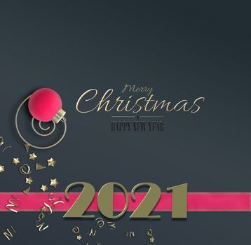 Realistic Christmas New Year abstract card. Digit 2021, Xmas red pink ball bauble, golden confetti, pink ribbon, text Merry Christmas Happy New Year on dark background. 3D rendering. Flat lay design.