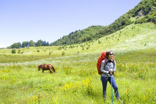 Hiker and backpacker in the mountain valley and field, trekking and hiking scene in Svaneti, Georgia, young and adult woman.