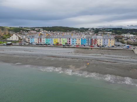 Colourful homes at the South Beach Promenade in Aberystwyth, Ceredigion, Wales, UK. These houses have a great coastal view of the Irish Sea