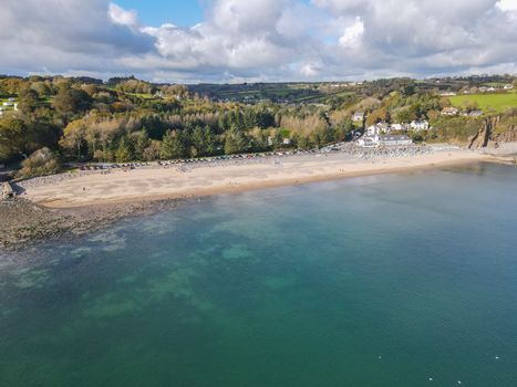 Ariel coastal image of Wisemans Bridge beach, Pembrokeshire, Wales, UK Sandy beaches with calm ocean waters.