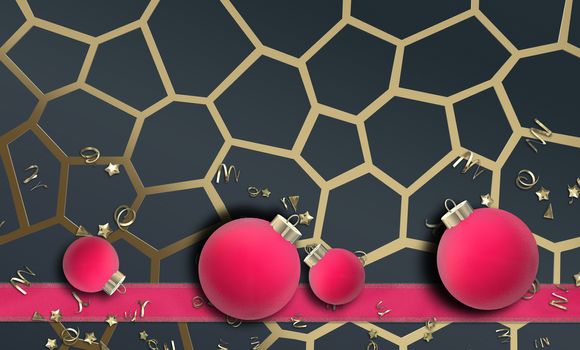 Holiday Christmas New Year design in gold pink black. Pink ribbon, pink Xmas balls baubles, on black background with 3D golden ornament. realistic 3D illustration