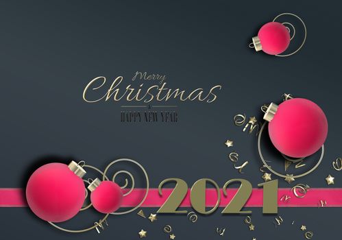 Christmas New Year card. Pink red baubles, gold digit 2021, confetti, text Merry Christmas Happy New Year on black background, 3D illustration