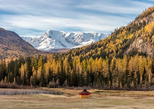 Scenic low angle view of snowy mountain peaks and slopes of North Chuyskiy ridge. Golden trees, wooden hut in the foreground. Beautiful blue cloudy sky as a backdrop. Altai mountains, Siberia, Russia.