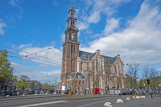 City scenic from  the harbor of Amsterdam with the Westerkerk in the Netherlands