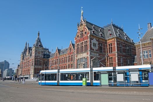 Trams waiting at Central Station in Amsterdam the Netherlands