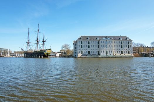 VOC ship and maritime museum in Amsterdam harbor in the Netherlands