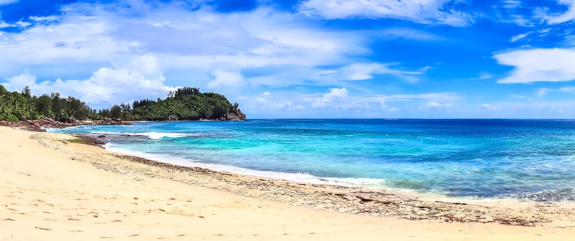 Stunning high resolution beach panorama taken on the paradise islands Seychelles.