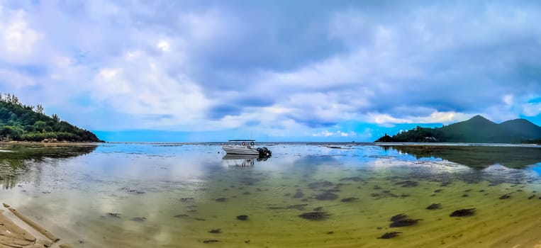 Stunning high resolution beach panorama taken on the paradise islands Seychelles.