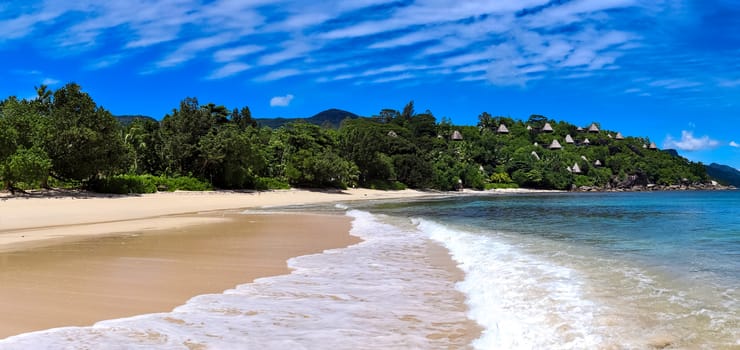 Stunning high resolution beach panorama taken on the paradise islands Seychelles.