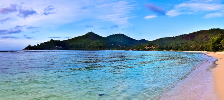 Stunning high resolution beach panorama taken on the paradise islands Seychelles.