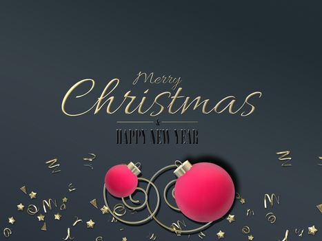 Christmas New Year card. Pink red baubles, gold digit 2021, confetti, text Merry Christmas Happy New Year on black background, 3D illustration