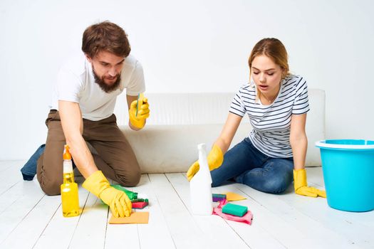 Man and woman housekeeping service interior lifestyle. High quality photo