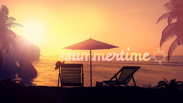 Beach umbrella and deck chairs on a background of sea sunset.