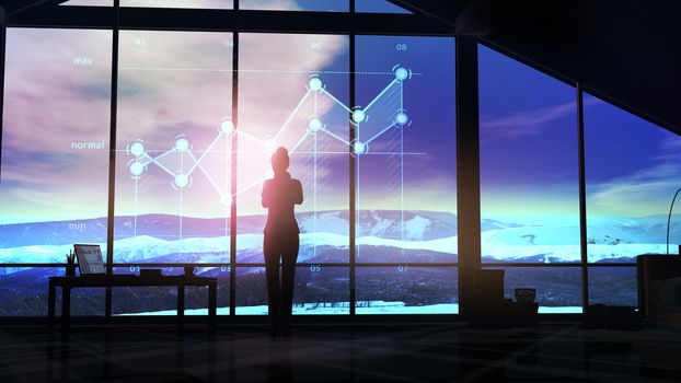 Silhouette of a businesswoman looking at a holographic infographic in front of a panoramic window overlooking a winter mountain landscape.