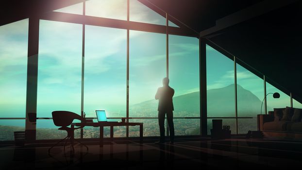 A silhouette of a man in a suit stands in front of a panoramic office window and looks at the coastal town near the mountain.