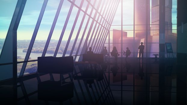 Silhouettes of people against the panoramic office windows overlooking the cityscape with skyscrapers.